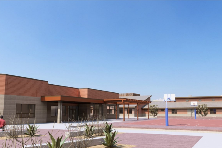 A computer rendering of a school building and basketball court.