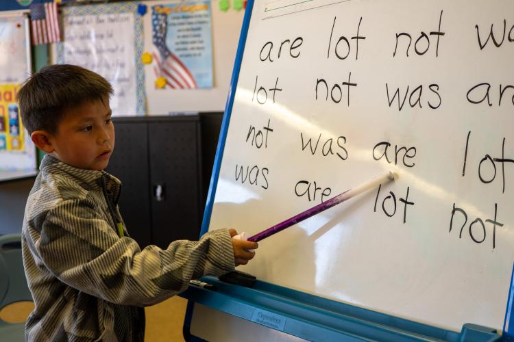 A young student points at a whiteboard with words written on it.