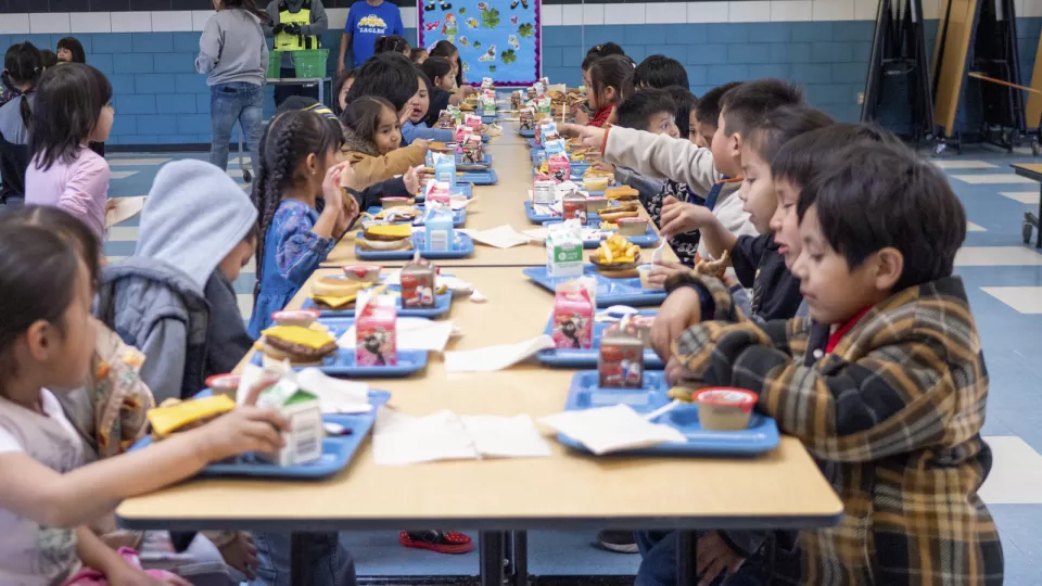 Students sit in a cafeteria line and enjoy their lunch on blue trays.