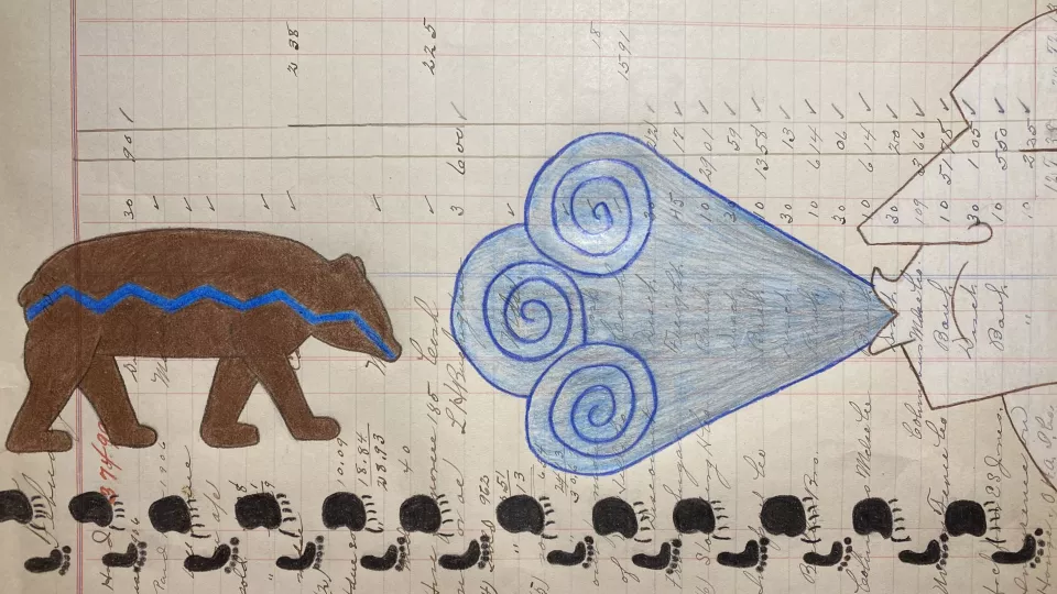 A drawing on a ledger of a profile of a face blowing out blue smoke toward a brown bear facing into the smoke.