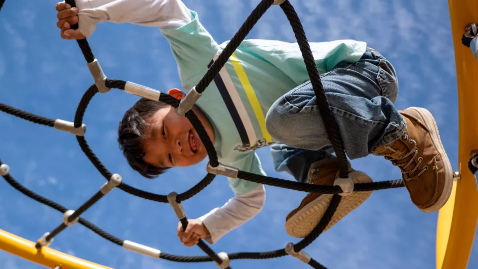A child looks down through black ropes as he climbs on a jungle gym.
