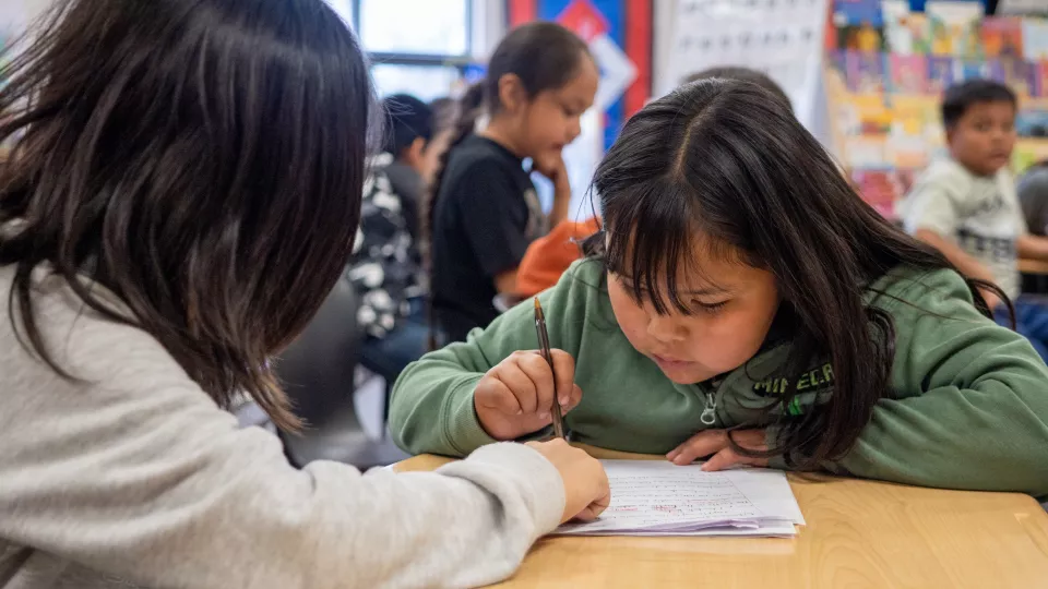 Two students work together on a class assignment.