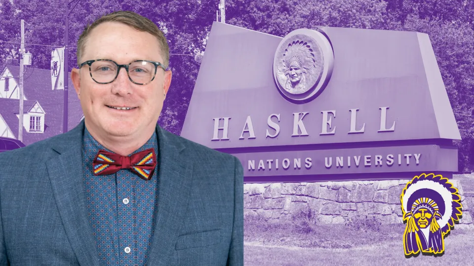 A man in glasses and a red bowtie poses for a headshot that is superimposed over an outdoor sign for Haskell Indian Nations University.