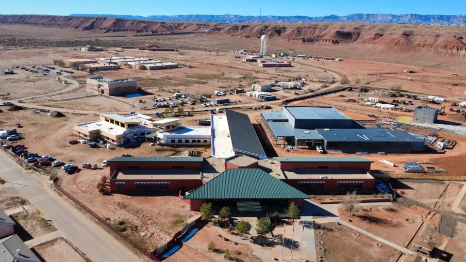 Aerial view of construction work at Many Farms High School campus. Photo credit: TEPA Companies